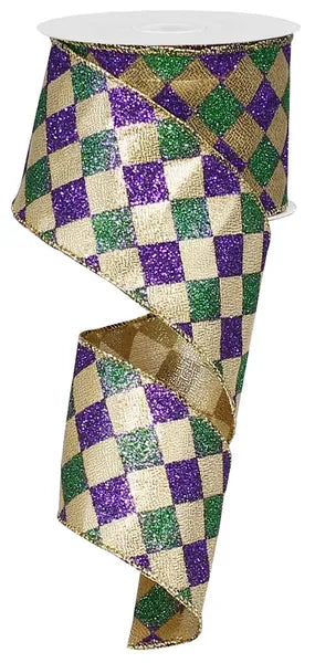 2.5"X10YD GLITTER DIAMOND CHECK MARDI GRAS