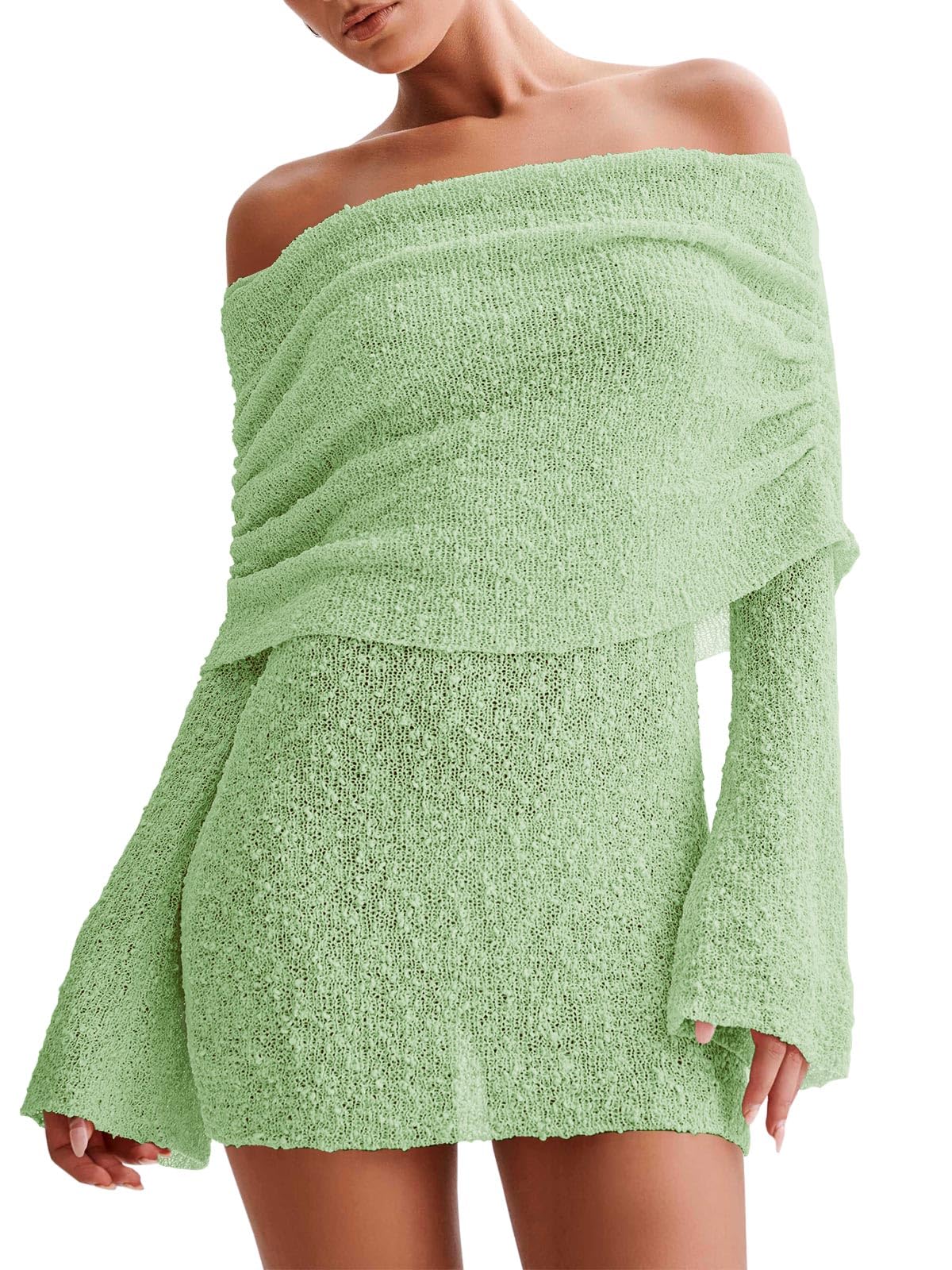 Women's Off Shoulder Beach Cover Up - Sheer Bell Sleeve Mini Dress for Swimwear