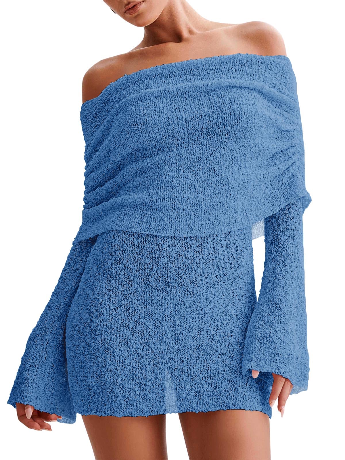 Women's Off Shoulder Beach Cover Up - Sheer Bell Sleeve Mini Dress for Swimwear