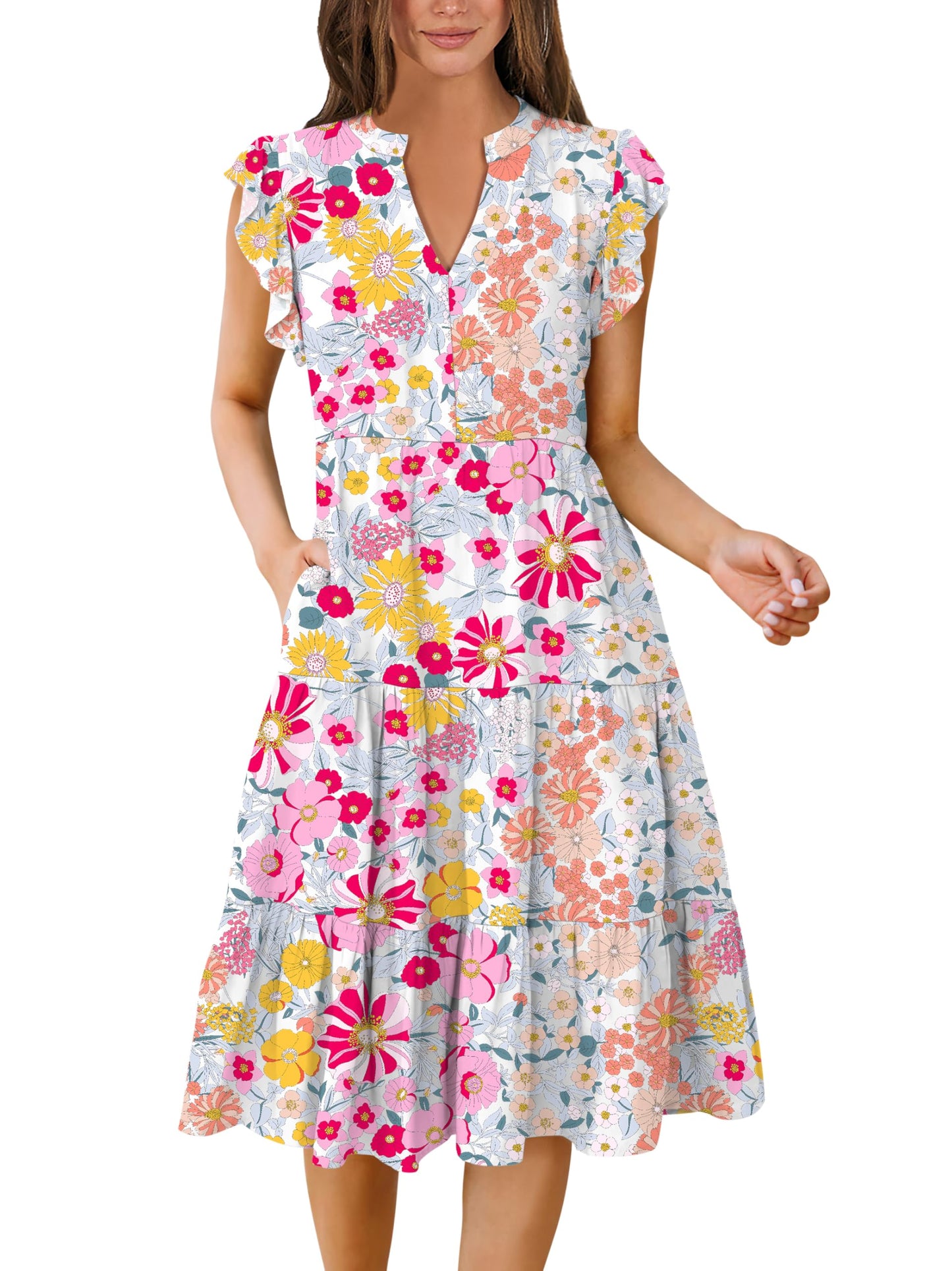 Blue Casual Dresses - Women's Summer Midi Dress - Ruffle Sleeve V-Neck Boho Beach Dress