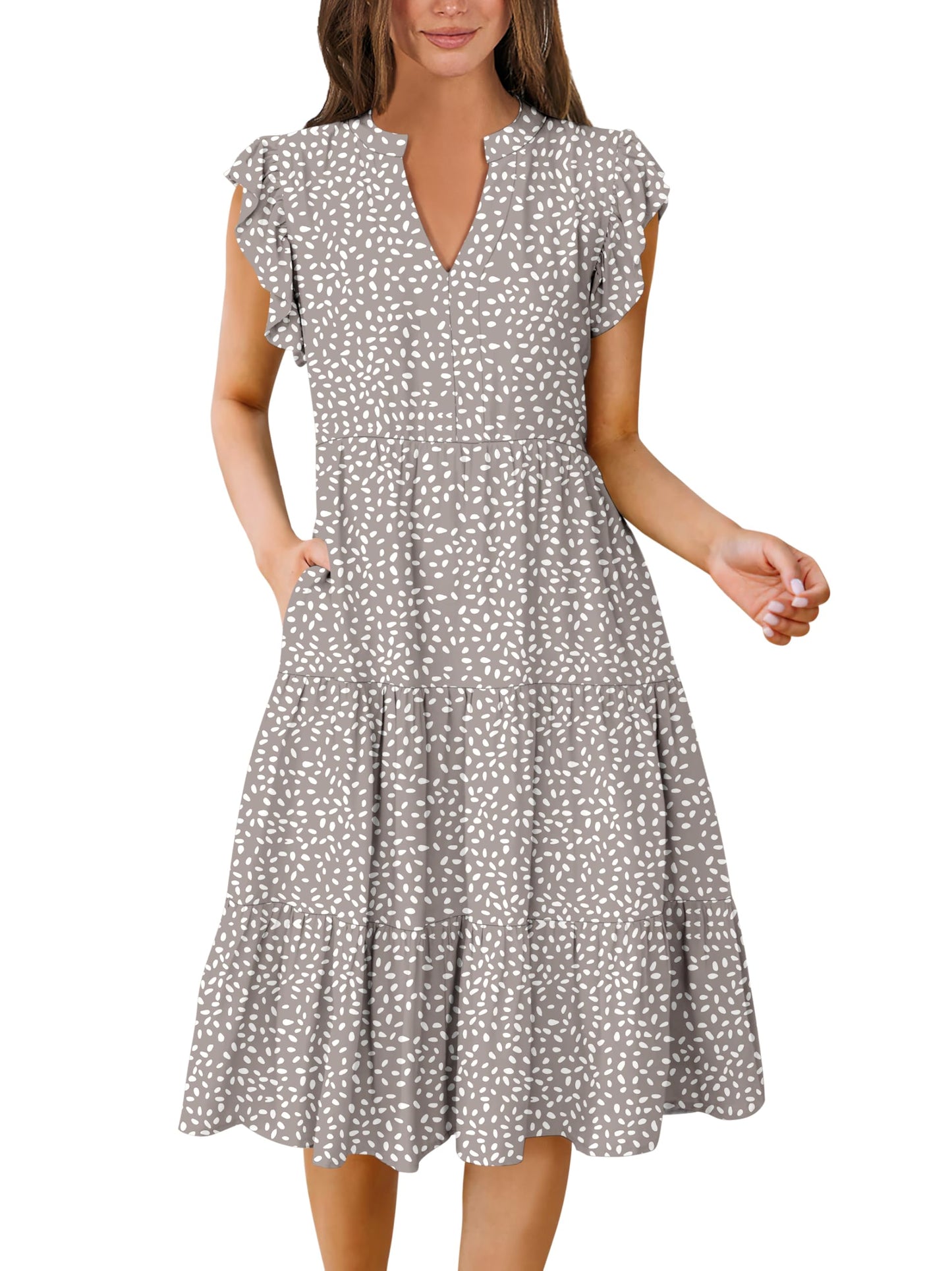 Blue Casual Dresses - Women's Summer Midi Dress - Ruffle Sleeve V-Neck Boho Beach Dress