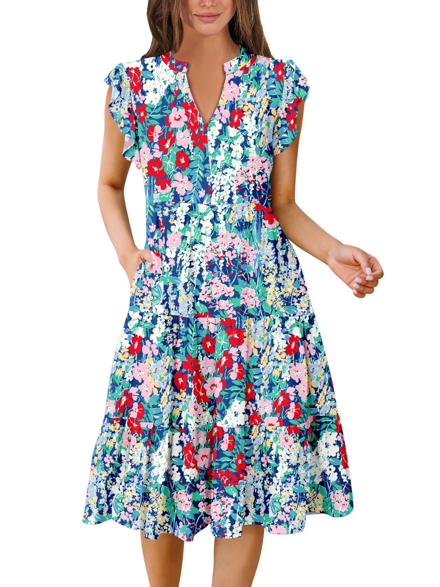 Blue Casual Dresses - Women's Summer Midi Dress - Ruffle Sleeve V-Neck Boho Beach Dress