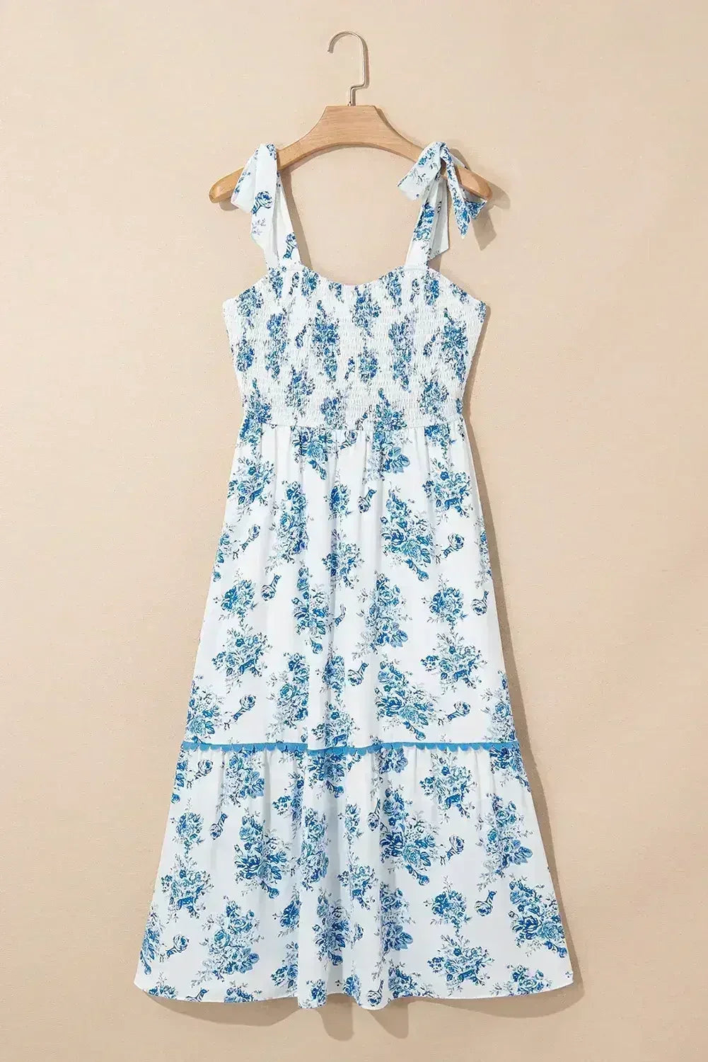 Sky Blue Floral Print Smocked Knot Shoulder Sleeveless Midi Dress