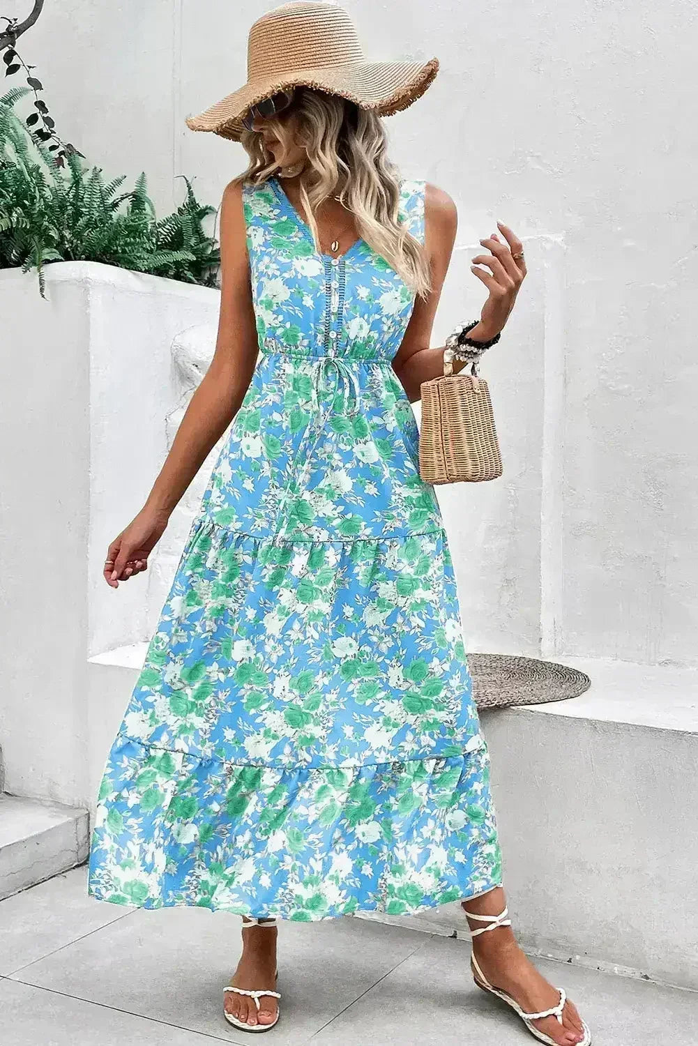 Green Floral Print Trimmed V Neck Sleeveless Vacation Dress