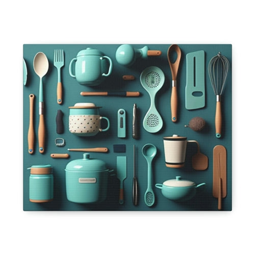A stretched canvas print featuring an array of green kitchen utensils and appliances, including a kettle, toaster, and various tools like a whisk and ladle, arranged against a blue background.