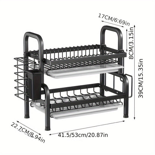 Black Metal Double Tier Dish Rack with Drain Tray and Drip Pan | Kitchen + Metal