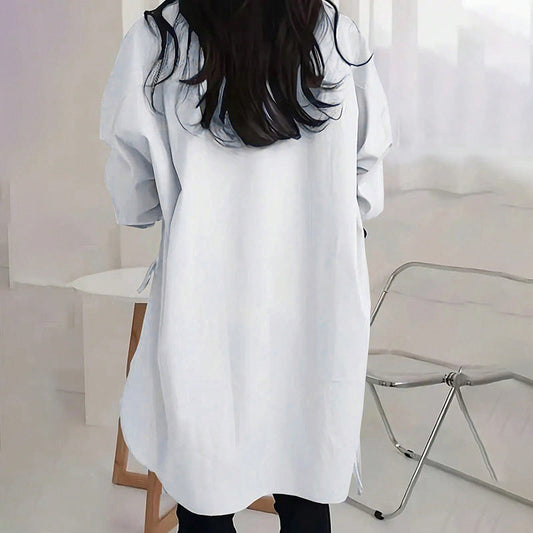 Women's Loose-Fit Long Sleeve Shirt with Side Slit Tie Detail - Stylish Button-Down Blouse