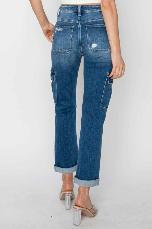 RISEN High Rise Cargo Jeans Full Size Ankle Roll Up Straight Women’s Jeans