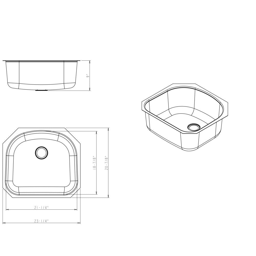 23-1/4" L x 20-7/8" W x 9" D Undermount 18 Gauge Stainless Steel Single Bowl Sink