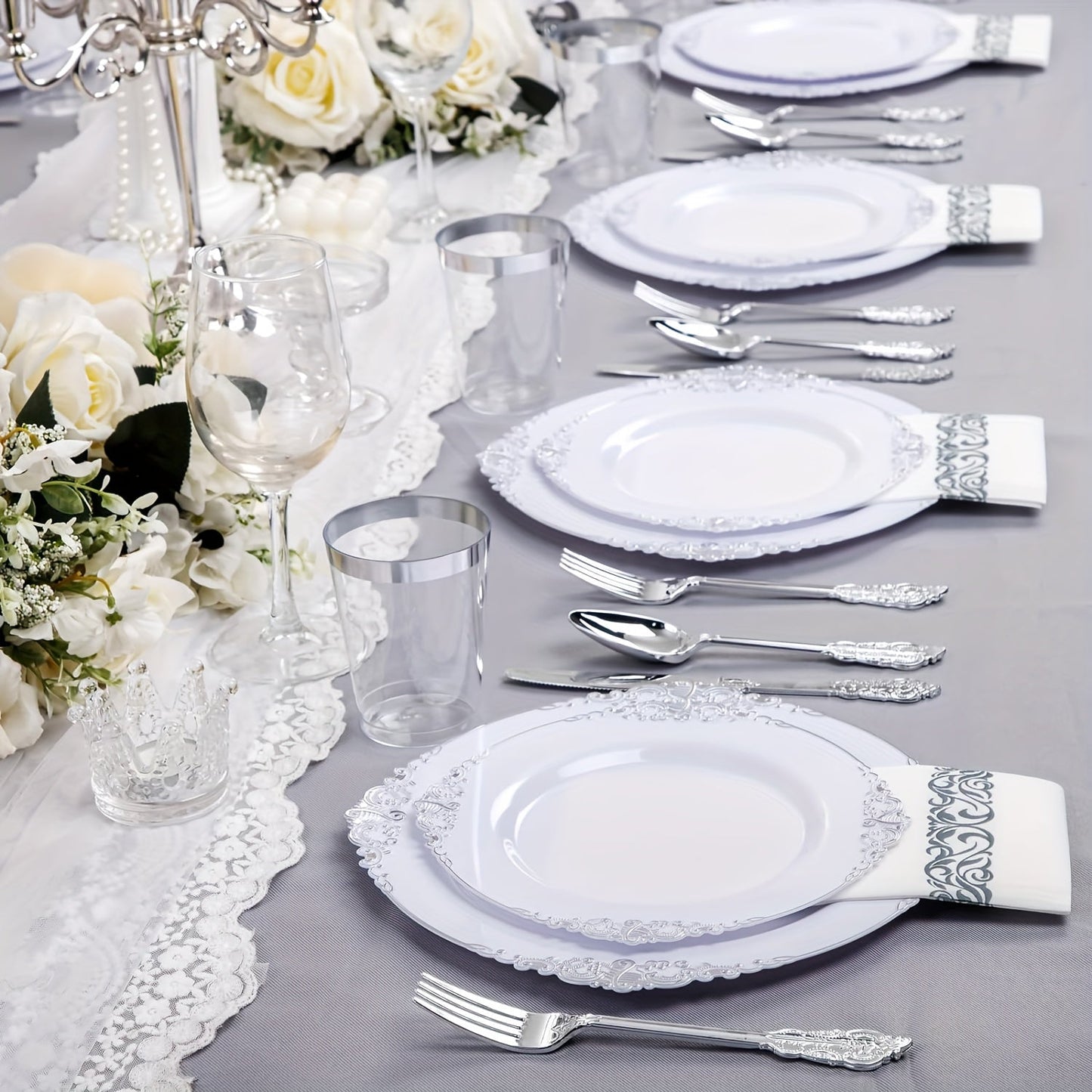 Elegant Gold Rim Plastic Dinnerware Set 50pcs Reusable