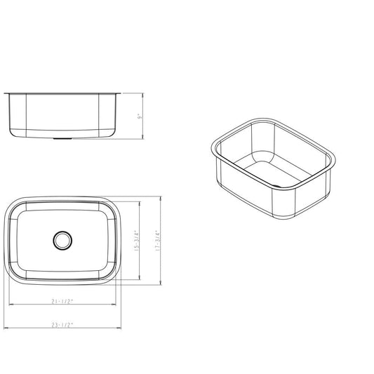 23-1/2" L x 17-3/4" W x 9" D Undermount 18 Gauge Stainless Steel Single Bowl Sink