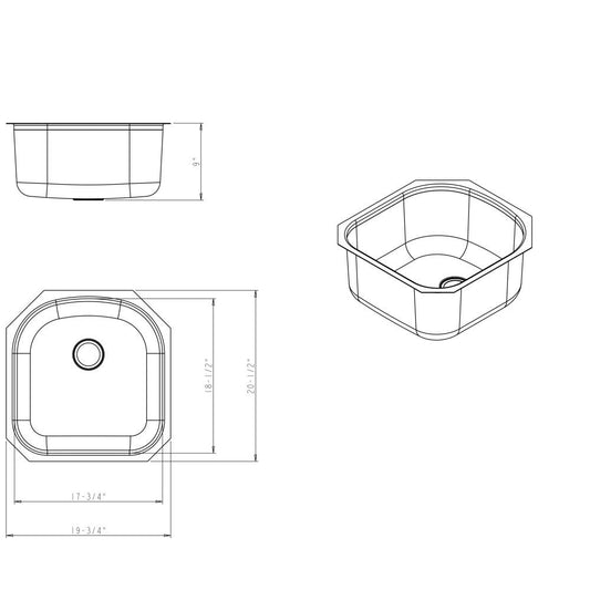 19-3/4" L x 20-1/2" W x 9" D Undermount 18 Gauge Stainless Steel Single Bowl Sink