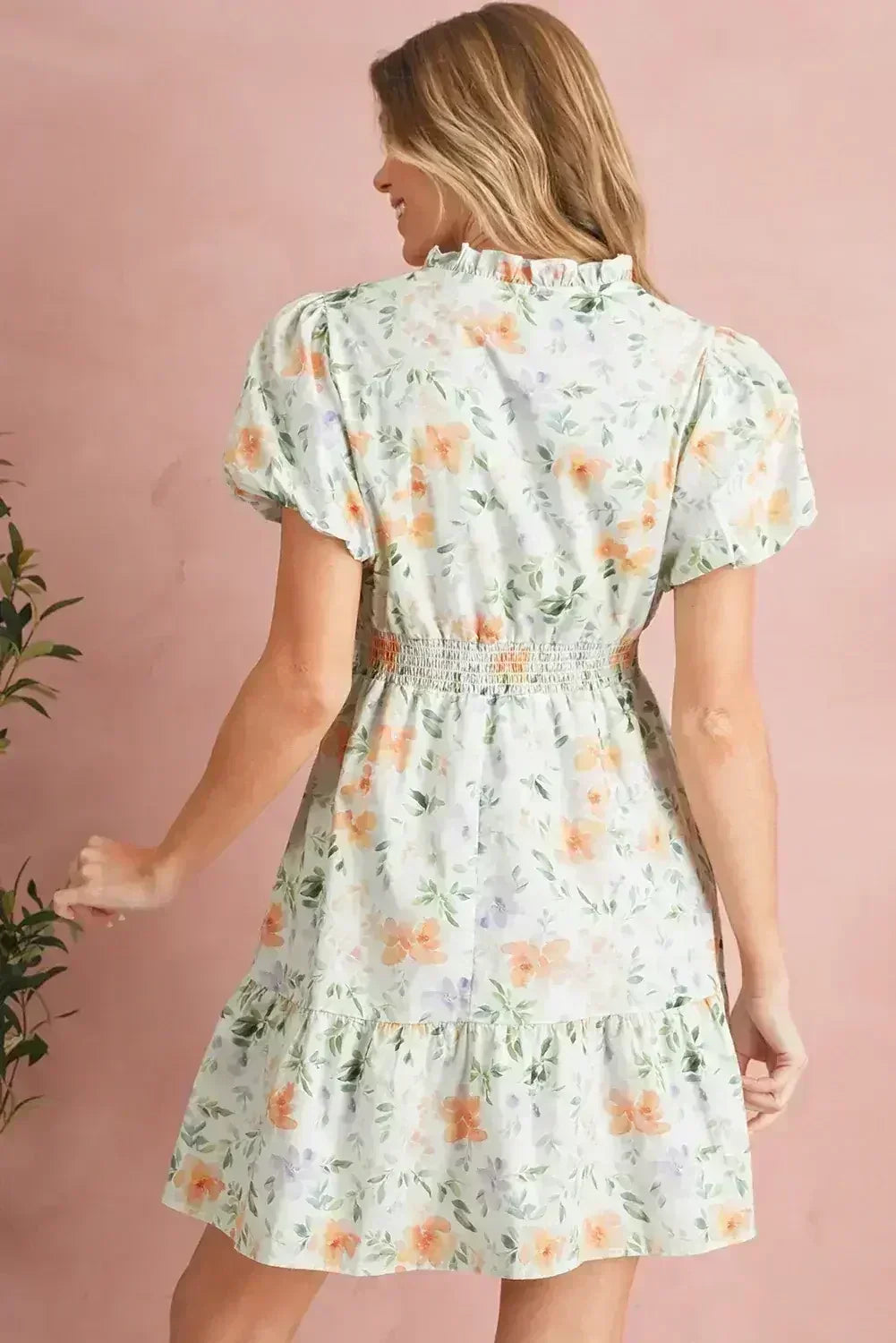 Beige Floral Print Smocked High Waist Puff Sleeve Mini Dress