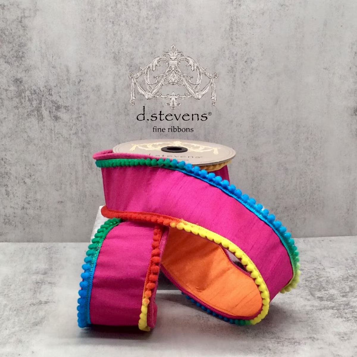 2.5" x 5yds faux dupion colorful pom pom edge, fushia orange