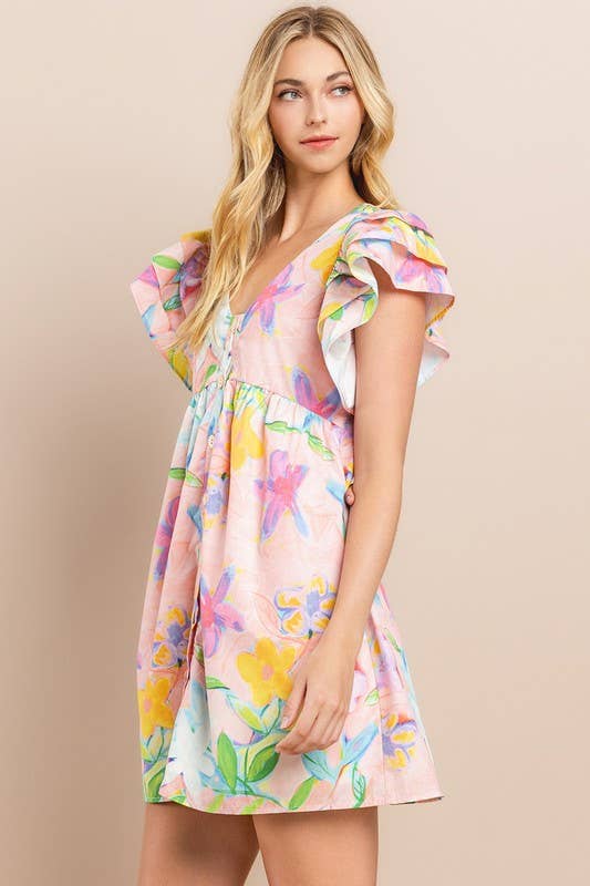 Floral Printed Dress in Blush | V Neckline Button Down Mini Dress