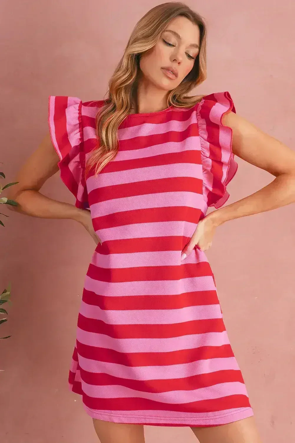Black Stripe Flutter Sleeve Round Neck Shift Mini Dress