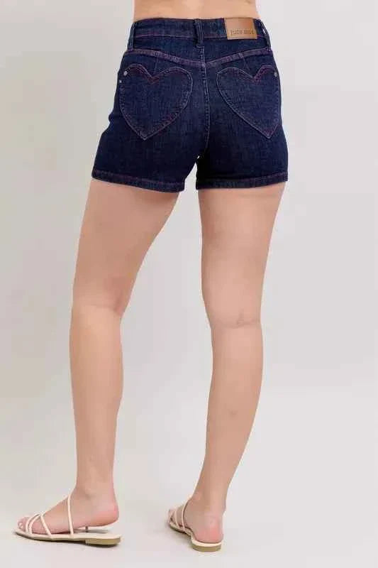 Judy Blue Plus Size High Waist Denim Shorts with Heart Shaped Pockets & Red Contrast Thread