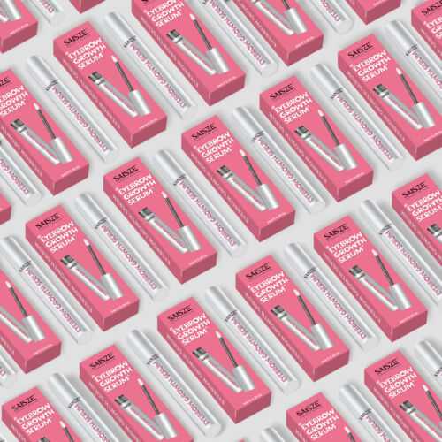 Pattern of Sanae Eyebrow Growth Serum packaging on a pink background