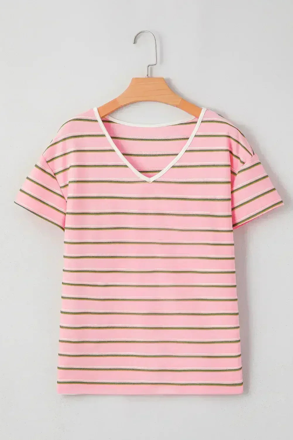 Pink Stripe V Neck Casual T-Shirt