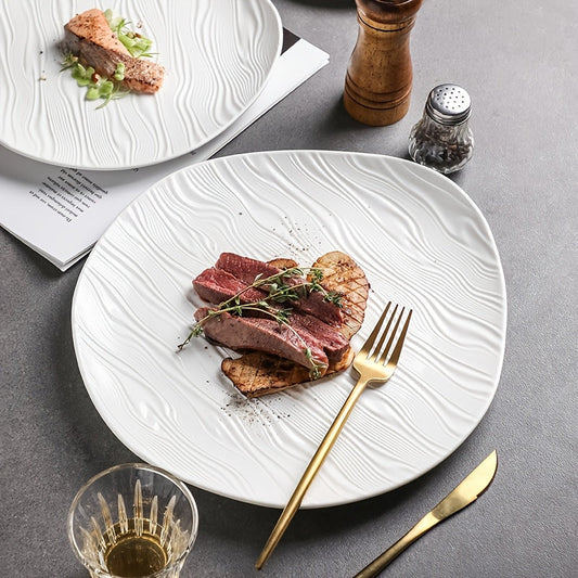Elegant White Ribbed Ceramic Plate for Dining
