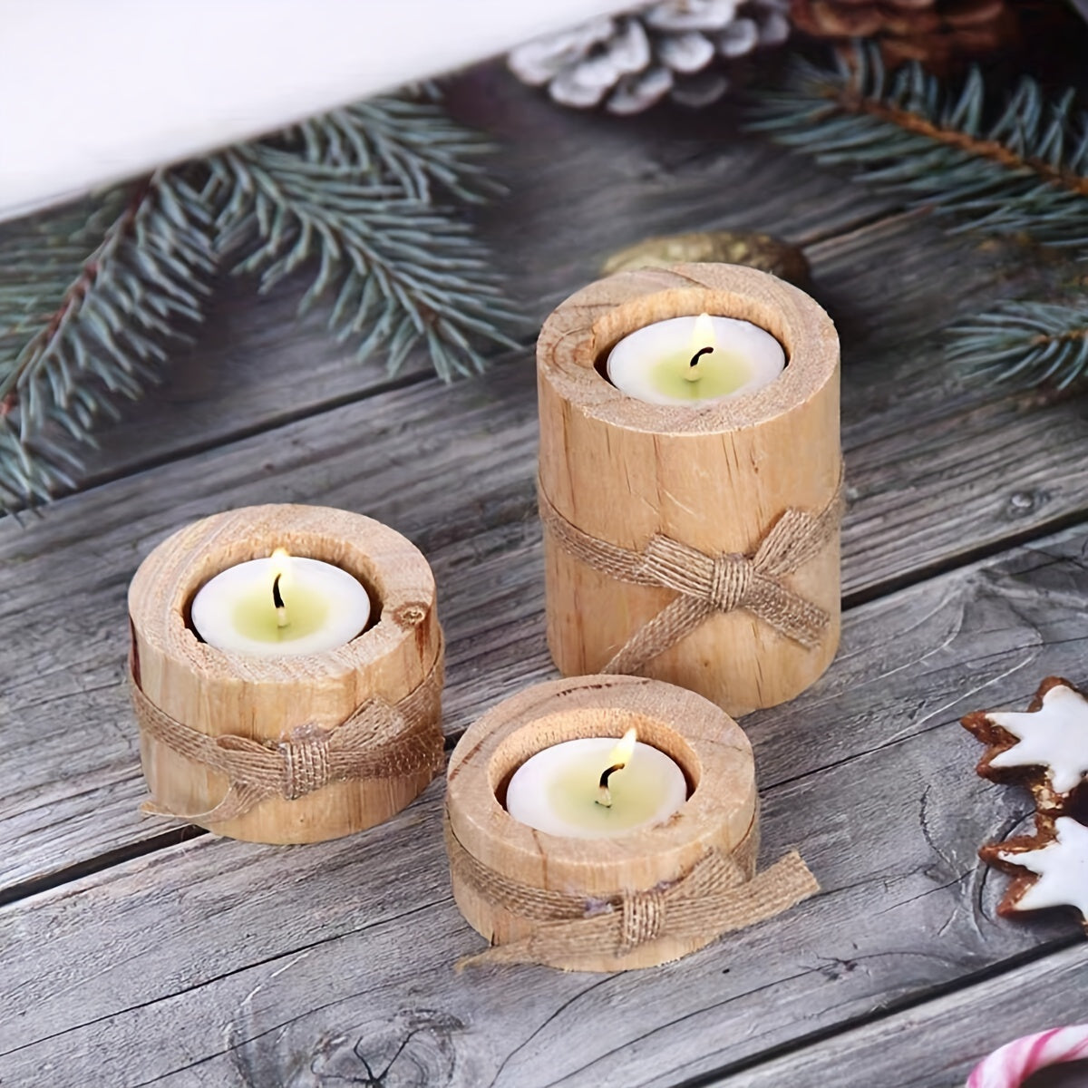 Elegant Wooden Cylindrical Candlesticks Set Handmade Home Decor