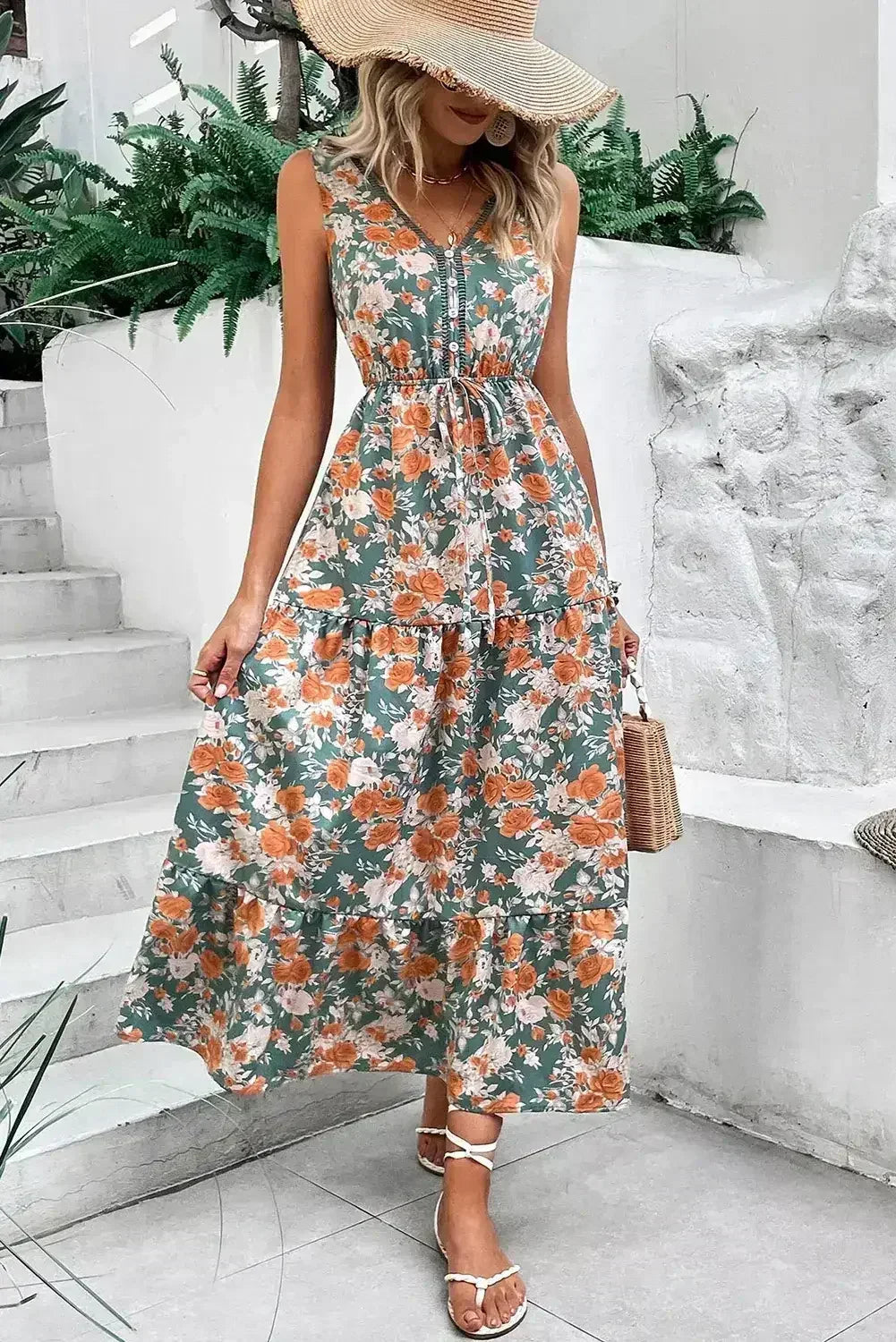 Green Floral Print Trimmed V Neck Sleeveless Vacation Dress