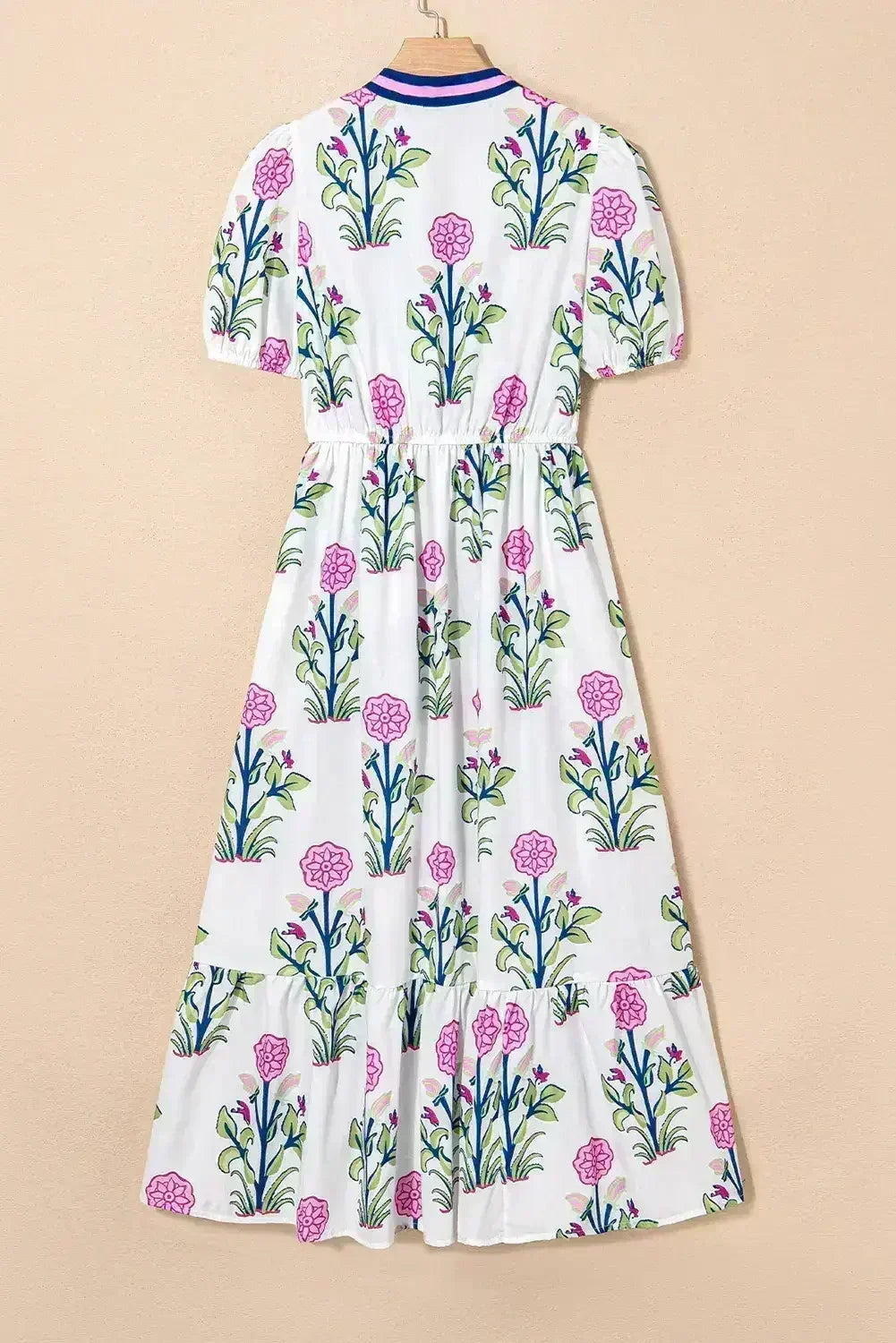 Blue Floral Ruffle Hem Pop of Color Neckline Dress