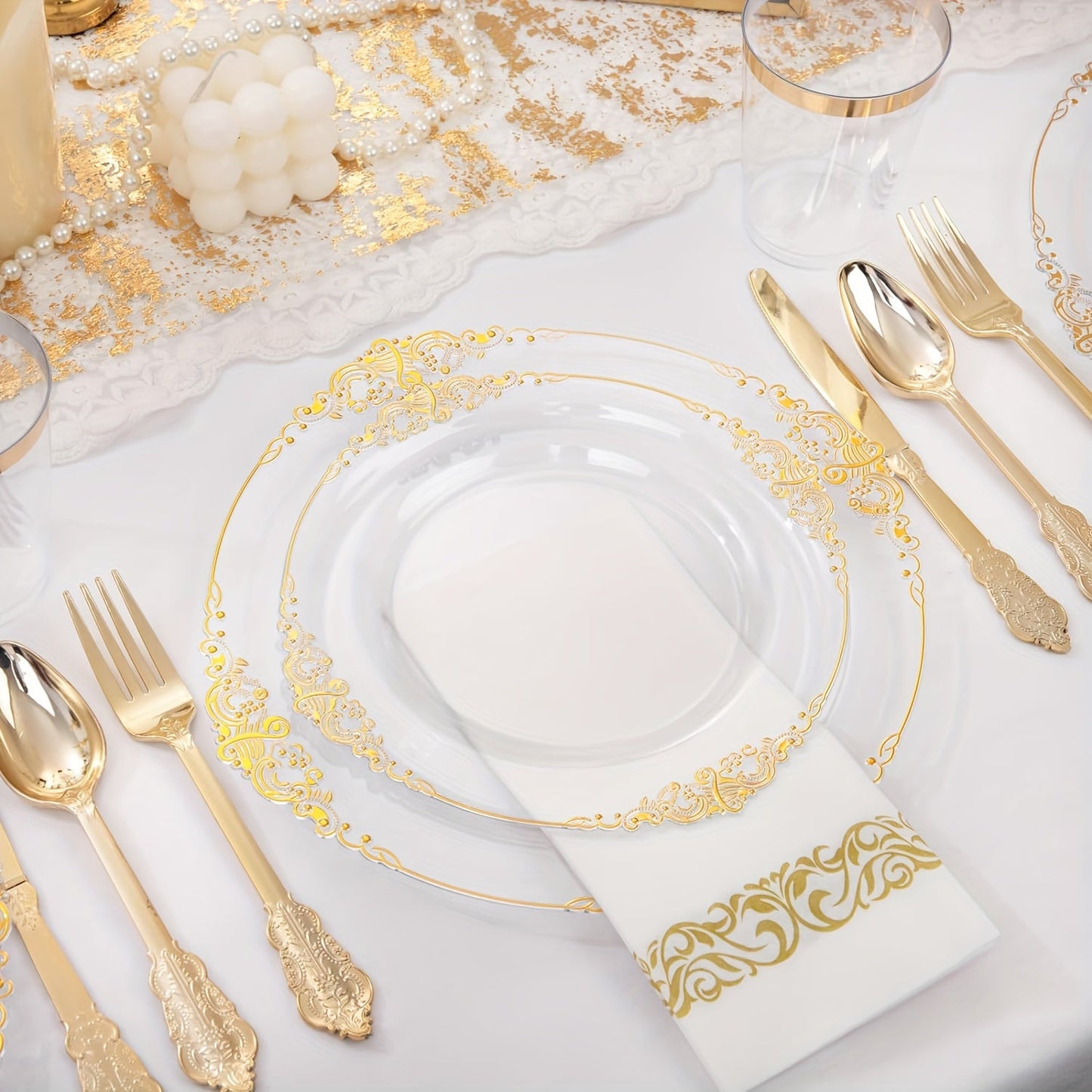 Elegant Gold Rim Plastic Dinnerware Set 50pcs Reusable