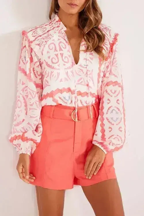 Desert Flower Vintage Print Smocked Poet Collar Blouse | Femstylo