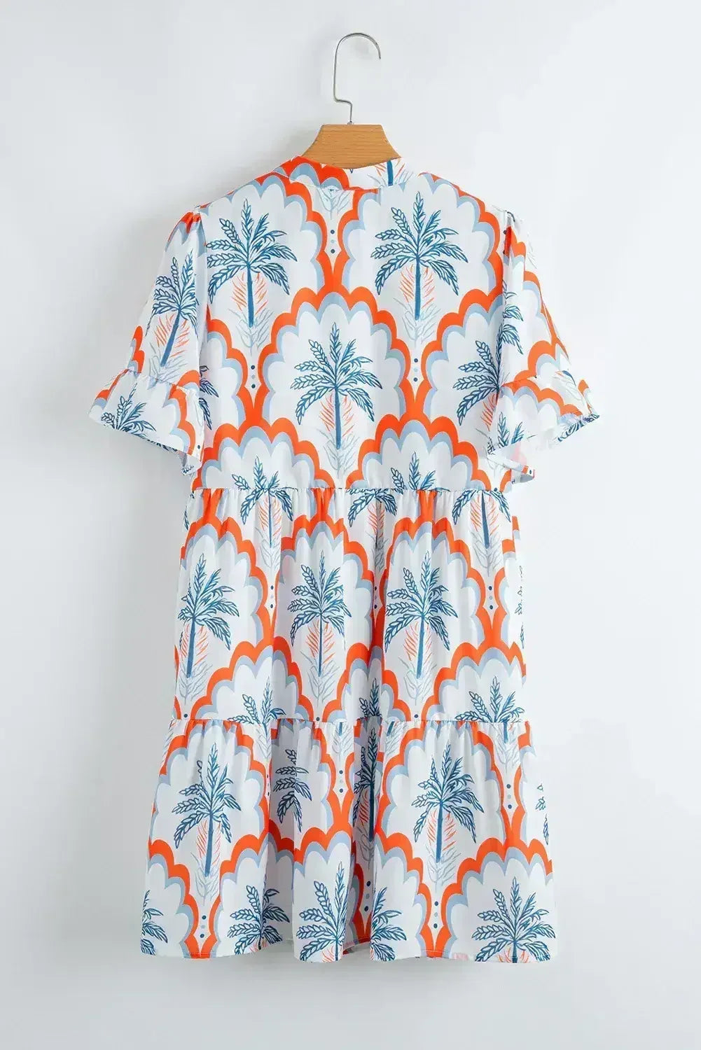Orange Palm Tree Print Short Sleeve Flowy Dress