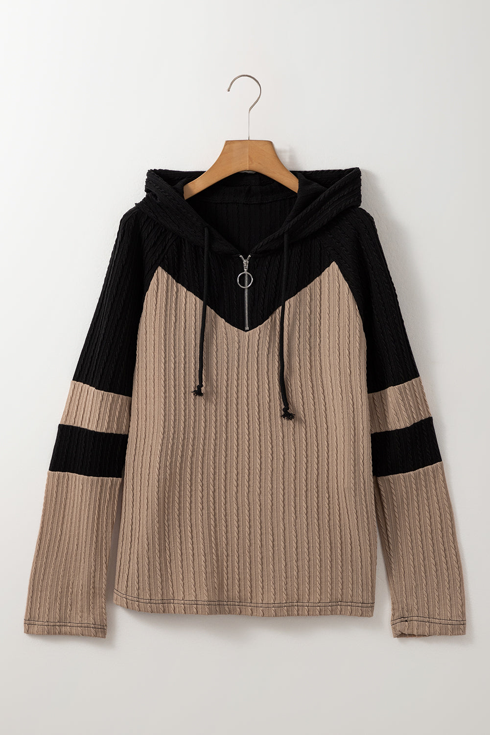 Parchment Textured Patchwork Long Sleeve Hooded Women's Top
