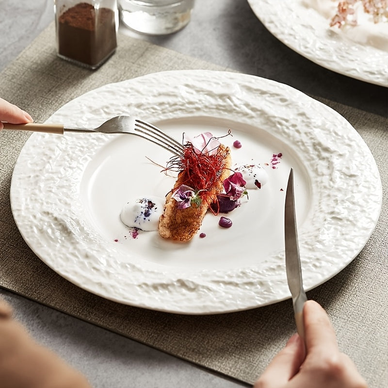 Elegant European Ceramic Dinner Plate with Relief Pattern