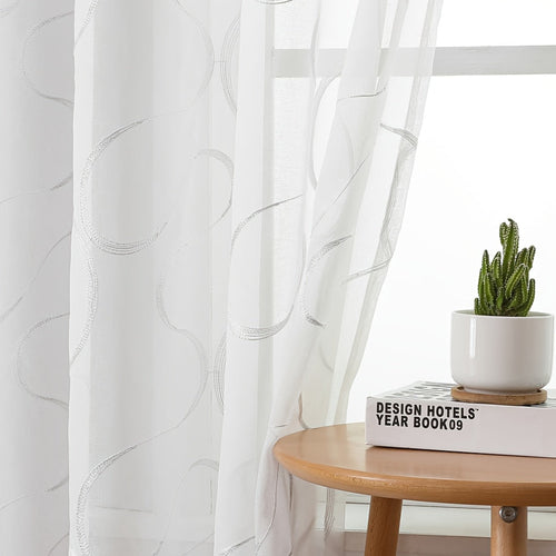 Elegant White Sheer Curtains with Embroidered Trellis Design