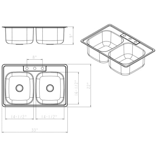 33" L x 22" W x 9" D Drop-In 20 Gauge Stainless Steel 50/50 Double Bowl Sink