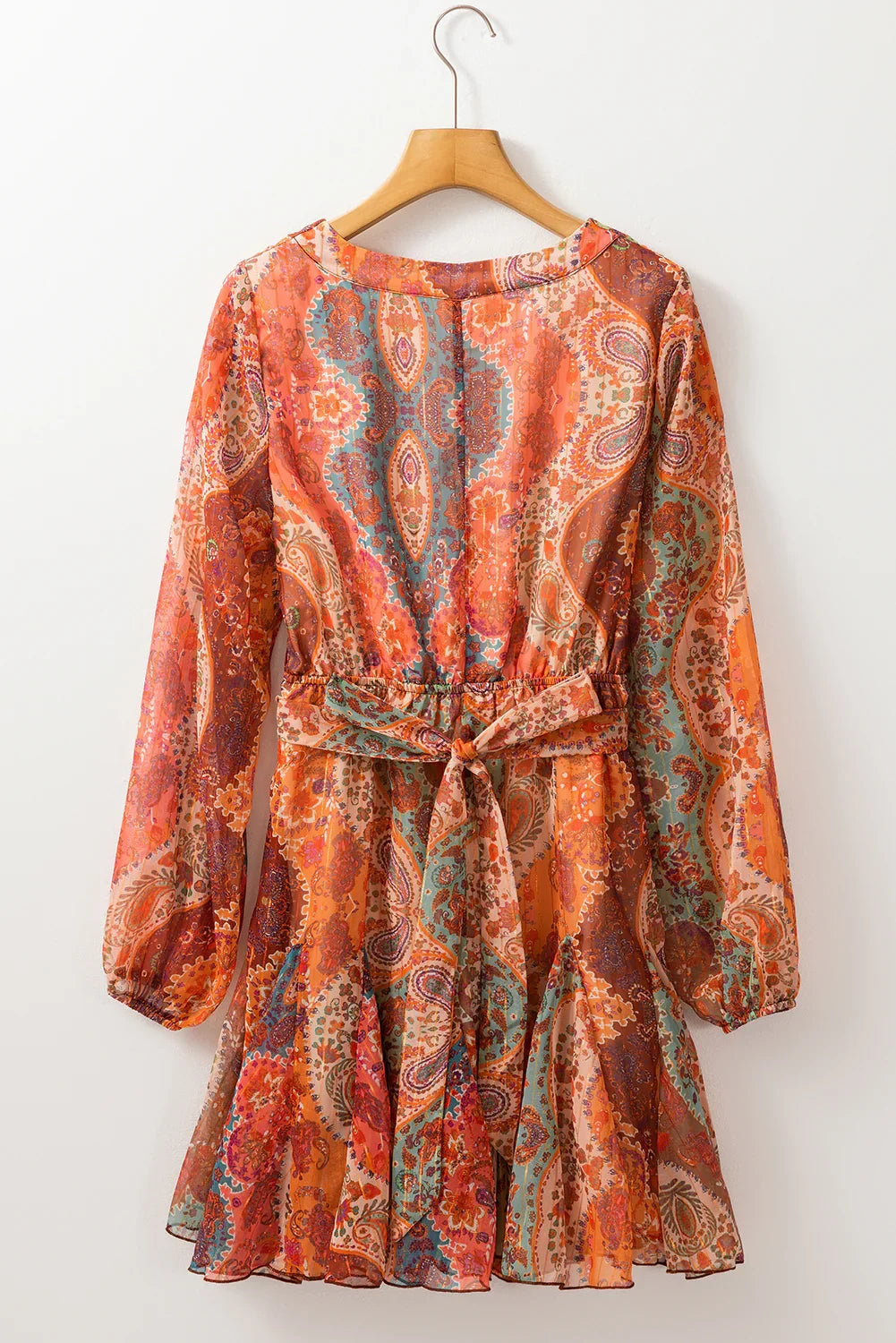 Orange Boho Paisley Print Long Sleeve Pleated Belted Mini Dress