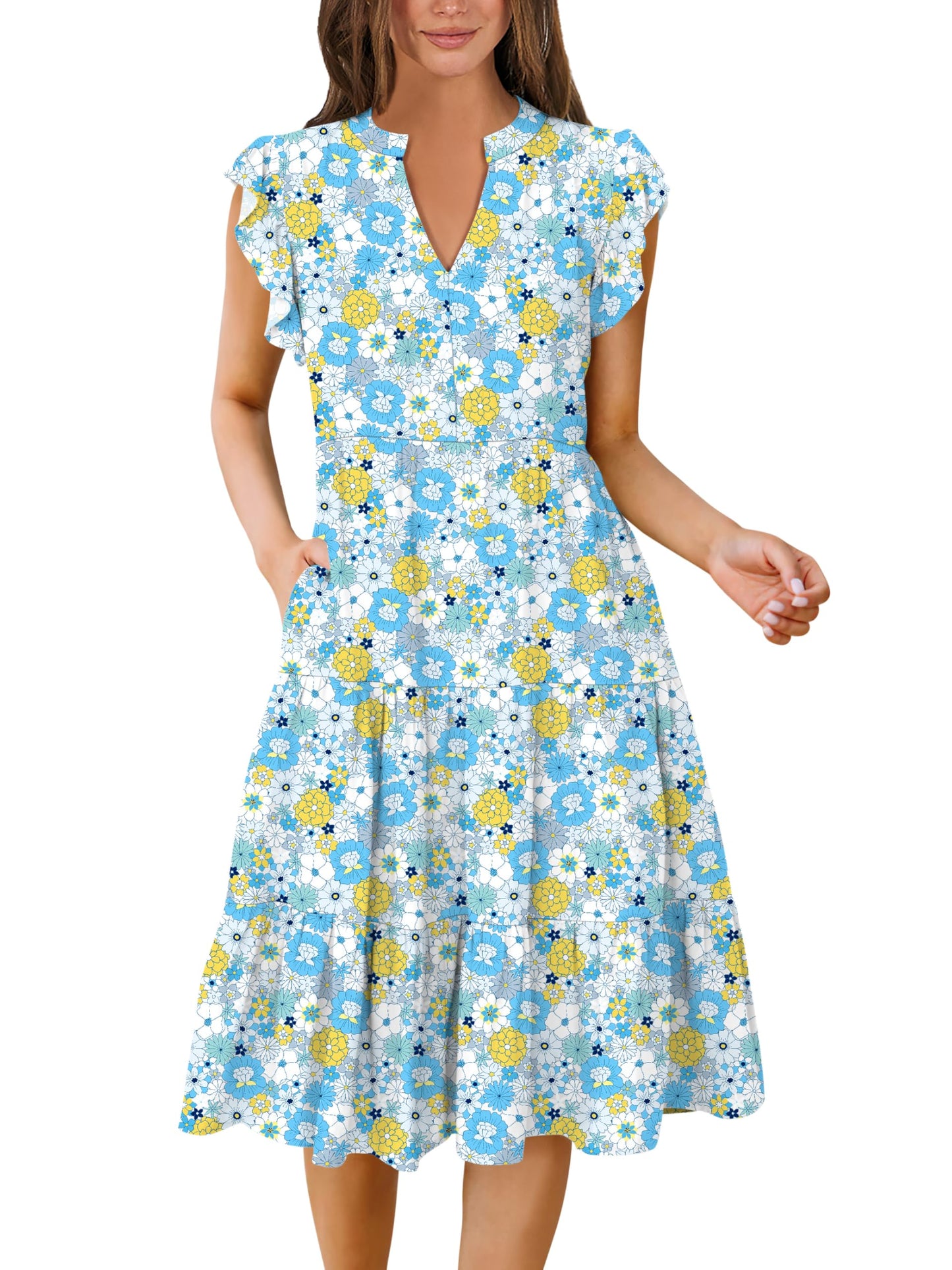 Blue Casual Dresses - Women's Summer Midi Dress - Ruffle Sleeve V-Neck Boho Beach Dress