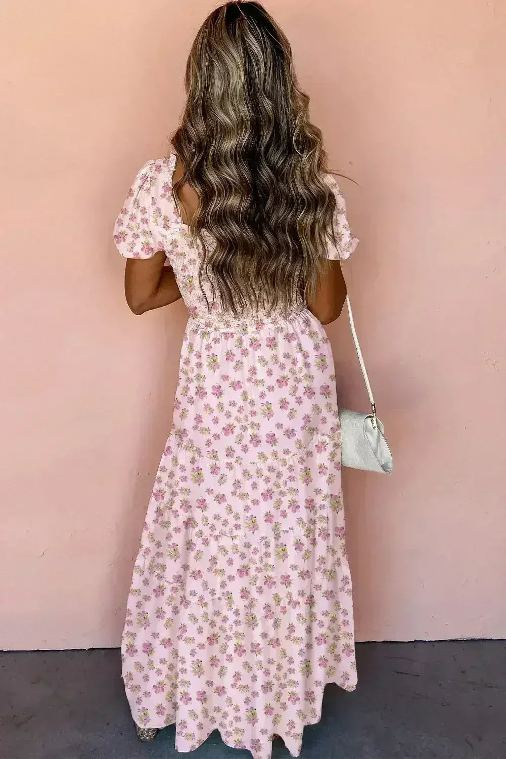 White Frill Neckline Shirred Bodice Floral Maxi Dress
