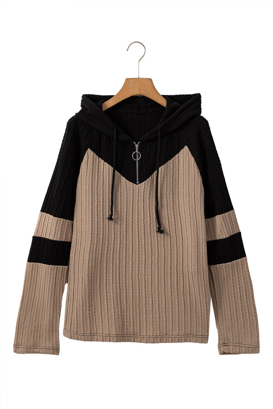 Parchment Textured Patchwork Long Sleeve Hooded Women's Top