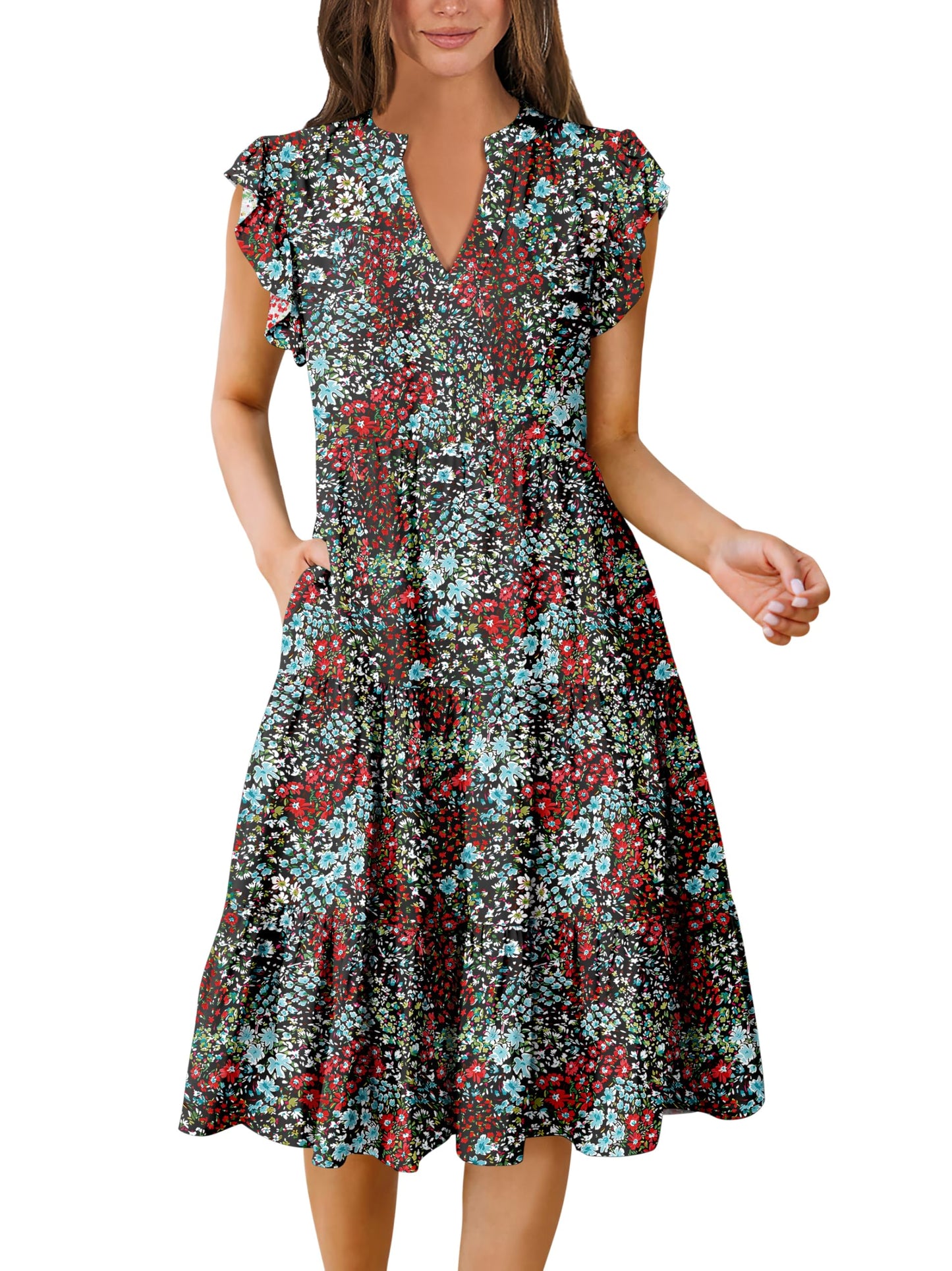 Blue Casual Dresses - Women's Summer Midi Dress - Ruffle Sleeve V-Neck Boho Beach Dress