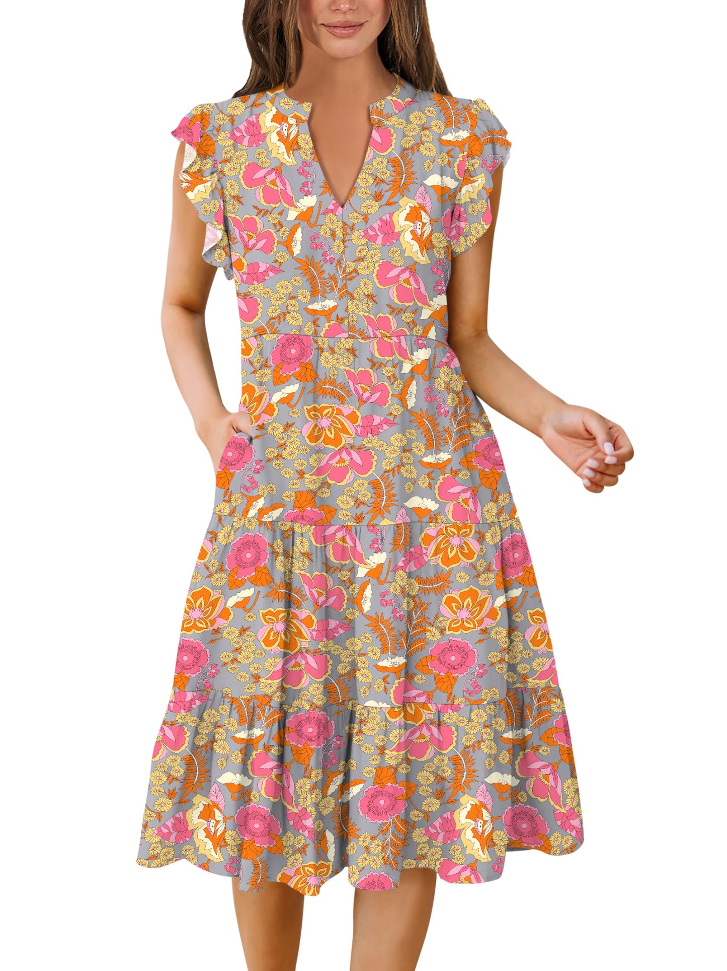 Blue Casual Dresses - Women's Summer Midi Dress - Ruffle Sleeve V-Neck Boho Beach Dress