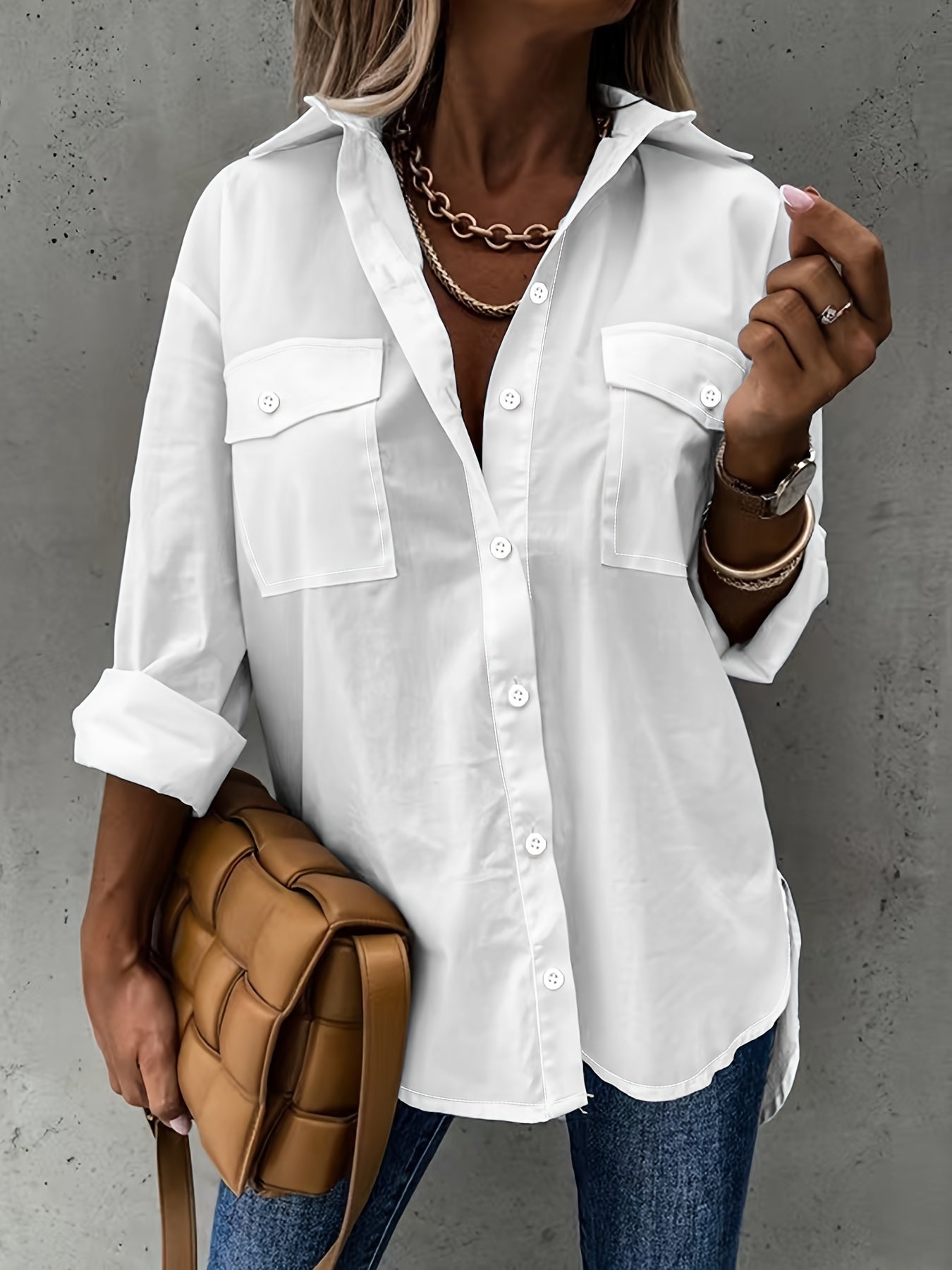 Simple Casual Long Sleeve Blouse with Pocket Women's Blouse