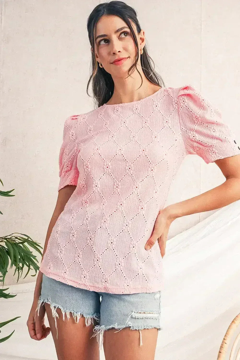 White Embroidered Floral Geometric Button Short Sleeve Top | Femstylo