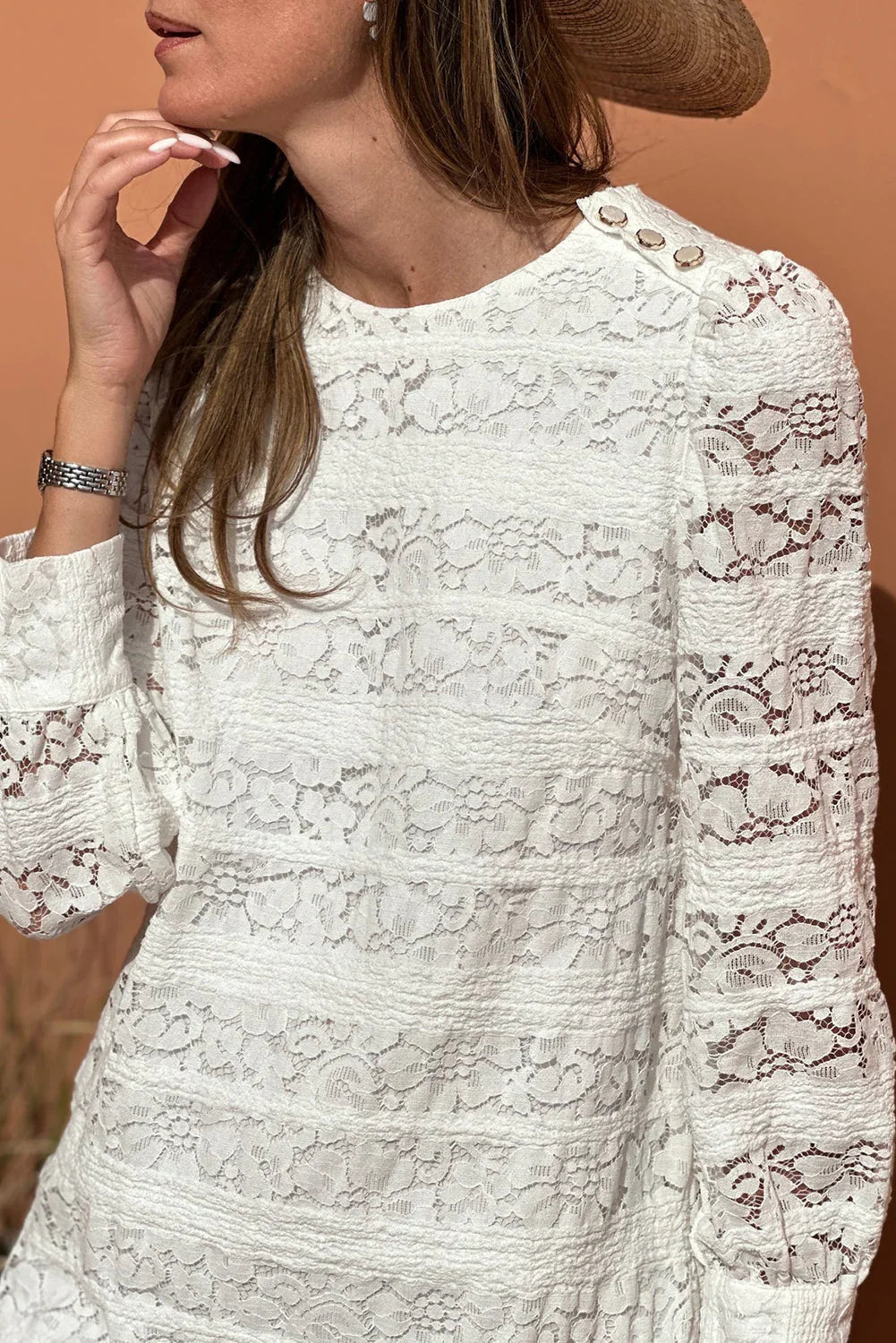 White Lace Floral Round Neck Puff Sleeve Shift Mini Dress