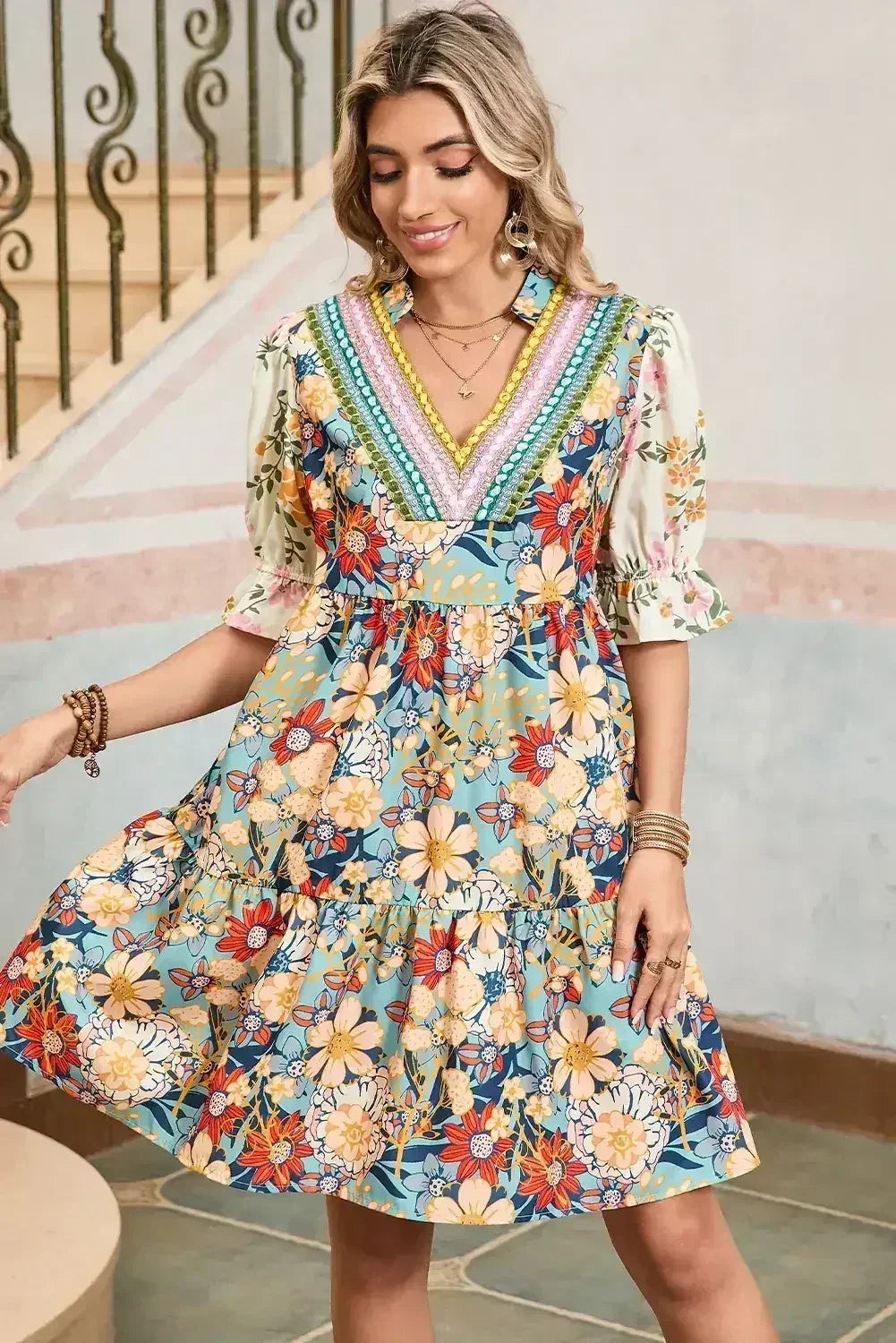 Multicolor Allover Floral Print Tiered Pop of Color Neckline Dress