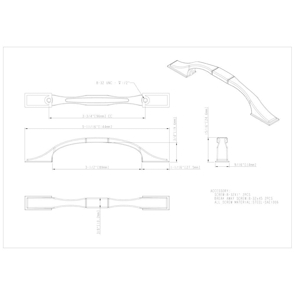 3" Center-to-Center Satin Nickel Square Hammond Cabinet Pull