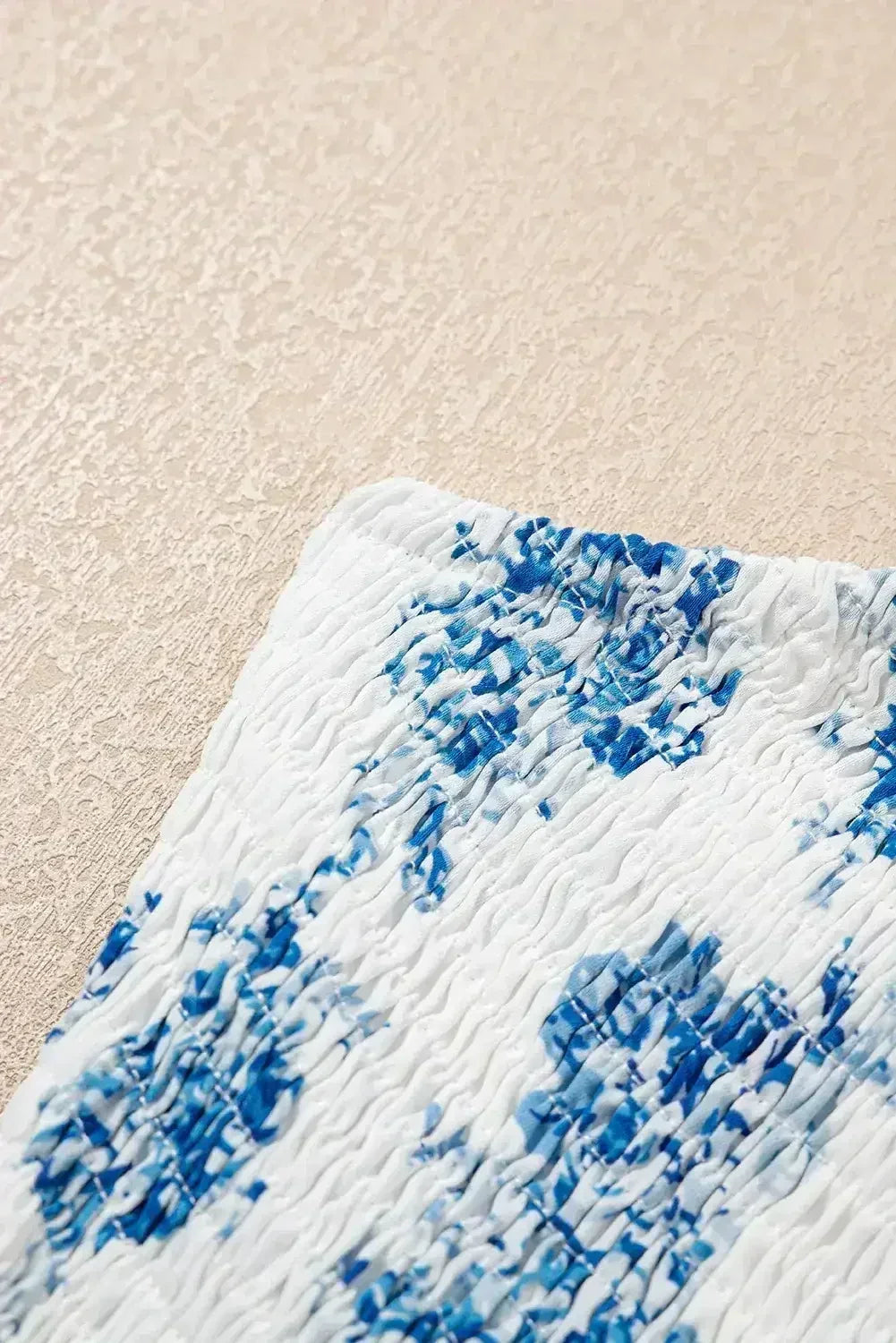 Sky Blue Floral Print Smocked Knot Shoulder Sleeveless Midi Dress