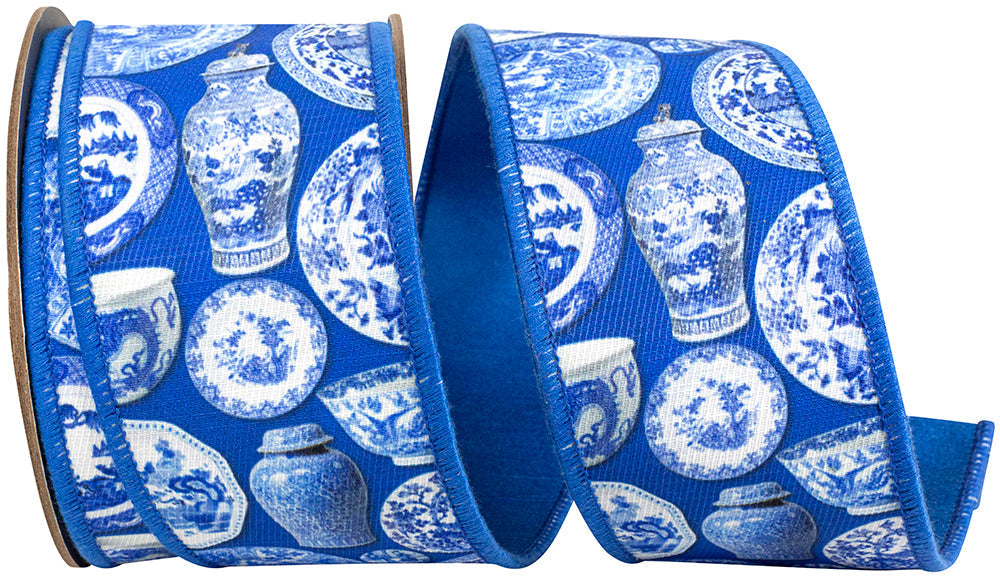 2.5" x 10 yards TERRA COTTA CERAMICS CHINOISERIE TWILL DELUXE DUPIONI BACKED PORCELAIN BLUE