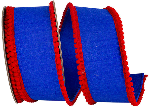 2.5" X 5 YRDS BLUE/RED POM POM MINI EDGE TRIMMING DUPIONI DELUXE WIRED
