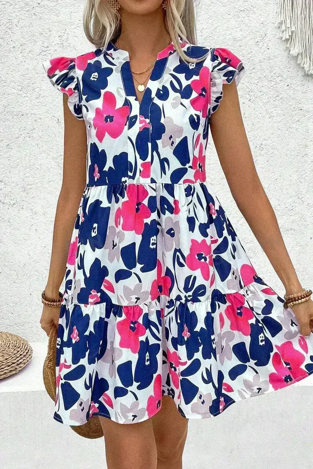 Rose Floral Print Notched Neck Flutter Sleeve Mini Dress