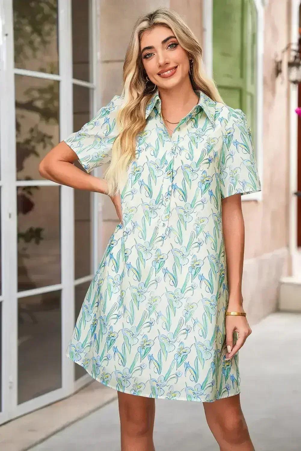 Green Floral Half Button Short Sleeve Mini Dress